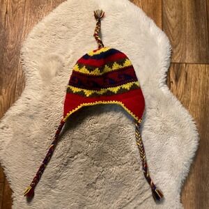Wool Knit Hat Handmade In Nepal Fleece Lined Warm Multi Color